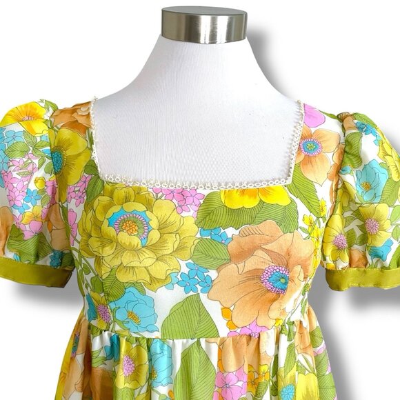 Vintage 1960s Womens Maxi Dress Sz Small Medium Boho Floral Puff Sleeve Tiered - Picture 8 of 10